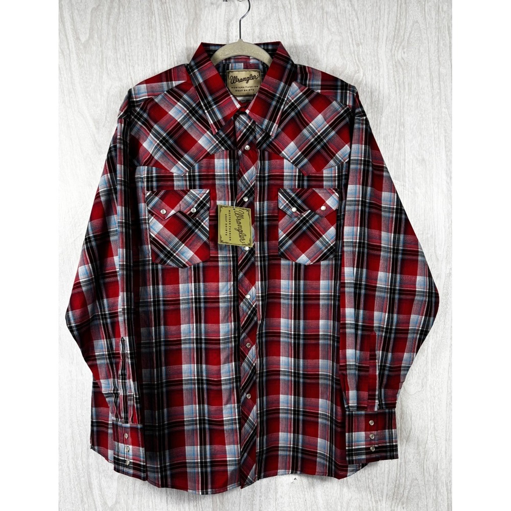 Wrangler Western Snap Shirt‎ Mens XXL Red White Blue Plaid Cowboy NWT